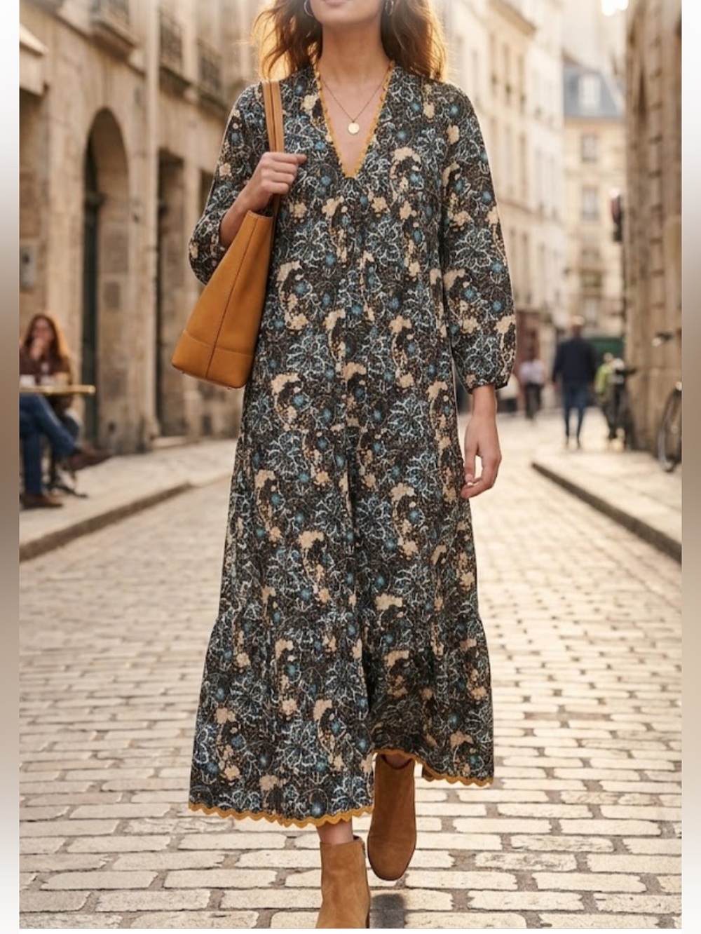 BINDU 100% Cotton Floral Paisley Maxi Dress Gold Ric-Rac Trim L